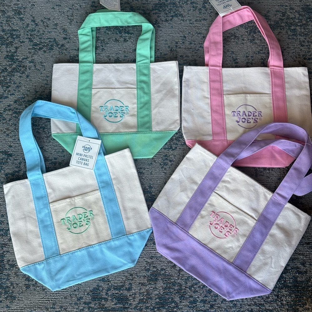 Trader Joe’s Mini Canvas Tote 3 Bag Set - Green, Pink, Purple (NOT BLUE)